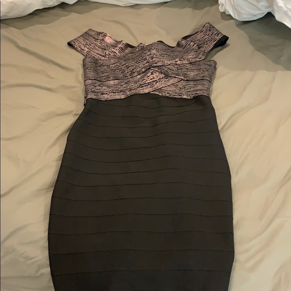 Black and rose gold off the shoulder bandage dress